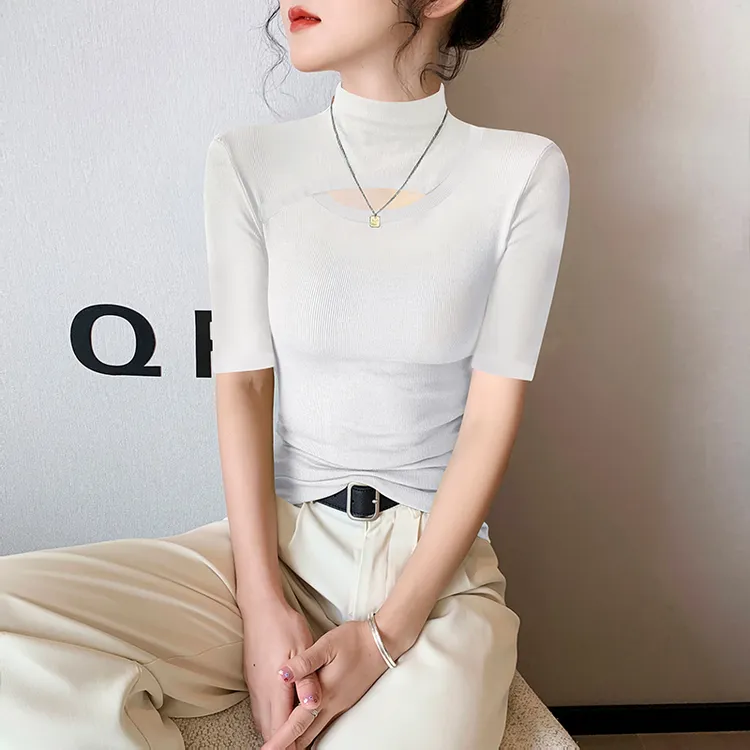 半高领镂空中袖t恤女装2025春夏新款白色螺纹百搭显瘦打底衫上衣
