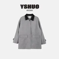 YSHUO【雪绒麻薯】质感撞色翻领毛呢廓形大口袋中长夹棉大衣 9682