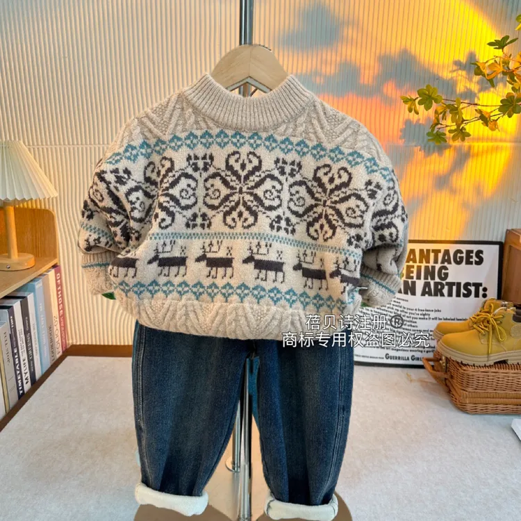 【伦敦码头】秋冬复古厚款重工提花男童潮款女童3岁-12岁儿童毛衣