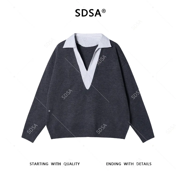 SDSA男士秋冬新款痞帅男装韩版拼接小V翻领毛衣百搭慵懒风上衣潮