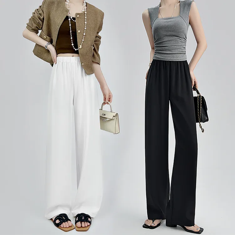 ebenb2025夏季滑滑裤西装高腰显瘦白色拖地凉凉裤垂感窄版直筒裤