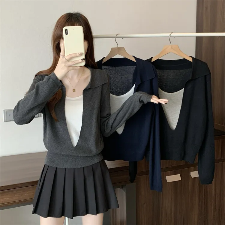 新品胖MM大码翻领长袖设计感假两件针织长袖上衣