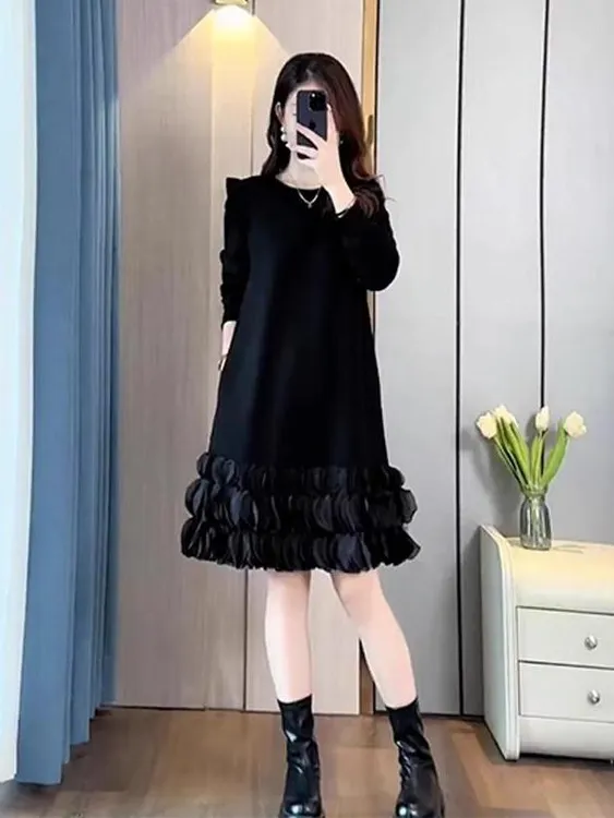 大码女拼接法式宽松遮肚秋冬连衣裙简约宽松A字裙打底洋气中长裙