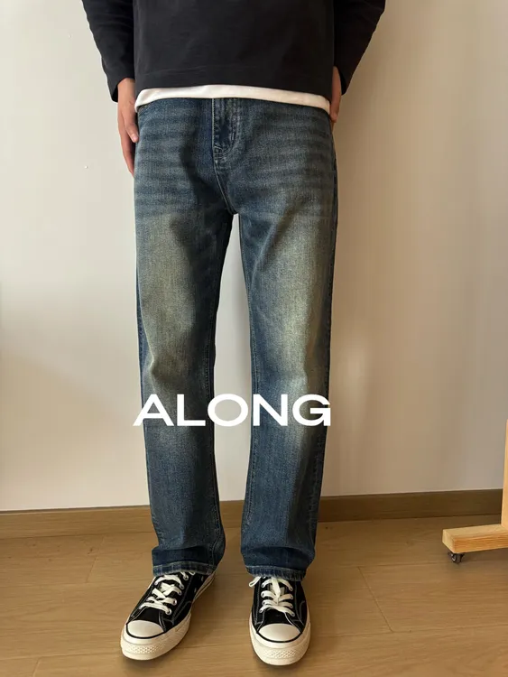 Along秋冬宽松直筒美式蓝色复古高街弹力牛仔长裤百搭休闲时尚
