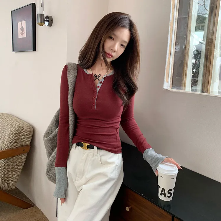 粘纤100%秋冬实拍图撞色假两件独特别致内搭打底衫女超好看减龄辣