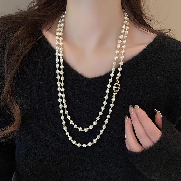 铜合金项链 轻奢复古长款双层叠戴项链女高级感毛衣链小众锁骨链