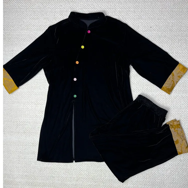 （九分套装）巨显瘦！拼接丝绒彩扣开衫九分袖九分裤套装