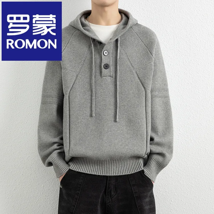 罗蒙卫衣男韩版时尚半开襟连帽毛衣男秋冬休闲打底针织衫外套潮