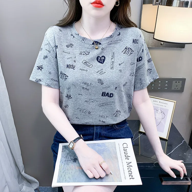 灰色纯棉短袖t恤女2025新款潮牌女装ins夏季休闲百搭字母半袖上衣