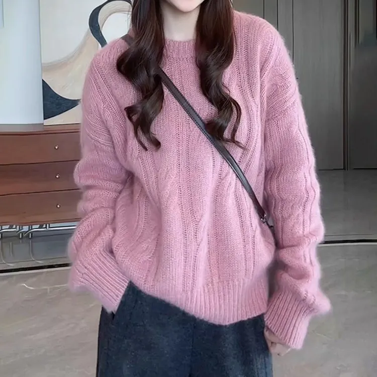 韩系气质纯色圆领毛衣女2025冬季新款温柔风宽松显瘦休闲减龄上衣