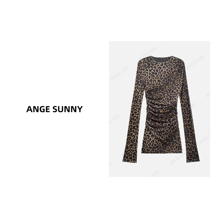曲阳 ANGE SUNNY【罗兰豹纹褶皱连衣裙】收褶腰设计长袖圆领连衣裙