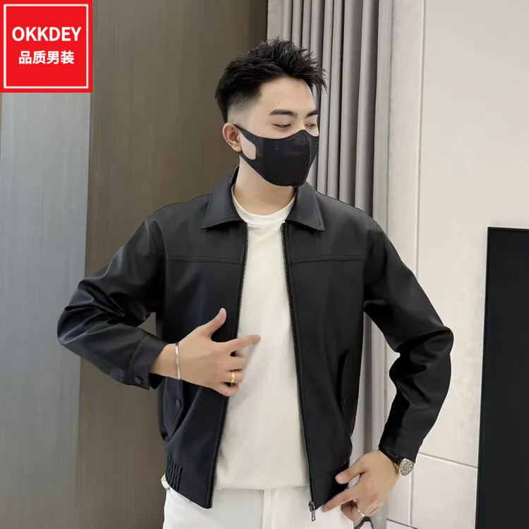 春秋季新款翻领外套男士韩版商务休闲PU皮夹克高品质工装长袖上衣