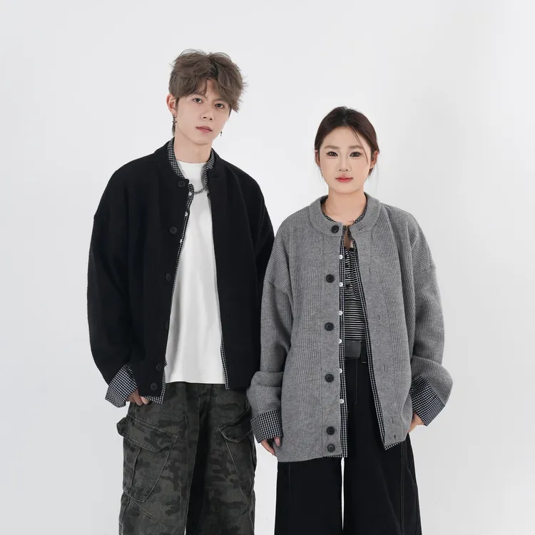 阿叔秋冬韩系慵懒针织衫百搭宽松假两件拼接开衫毛衣外套TL-9868