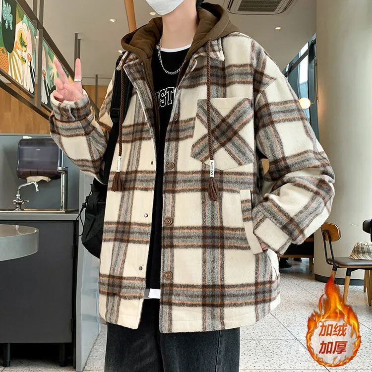2025冬季新款加绒加厚棉服男士宽松格子帅气青年保暖棉袄潮流外套