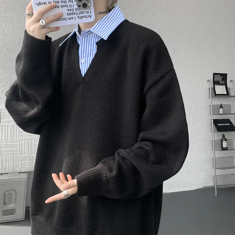 美式假两件衬衫领毛衣男2025秋季新款潮牌痞帅宽松休闲针织衫上衣