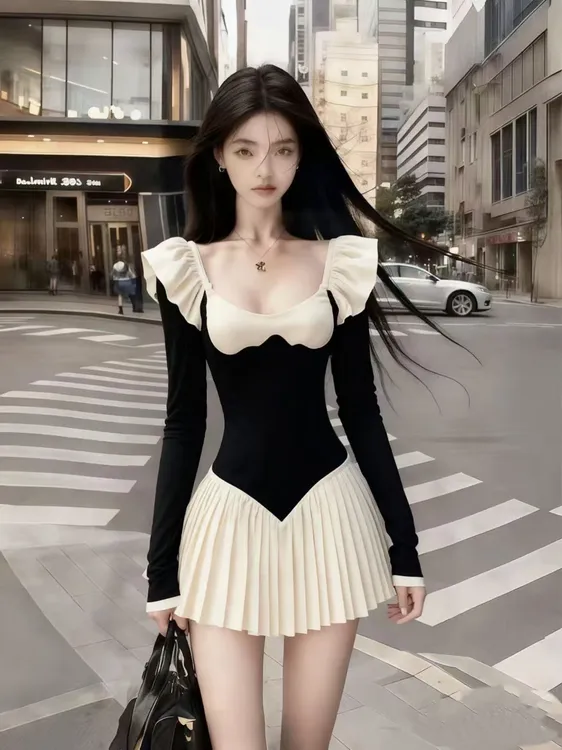 优雅气质名媛温婉千金风长袖裙子女撞色U领飞飞袖收腰百褶连衣裙