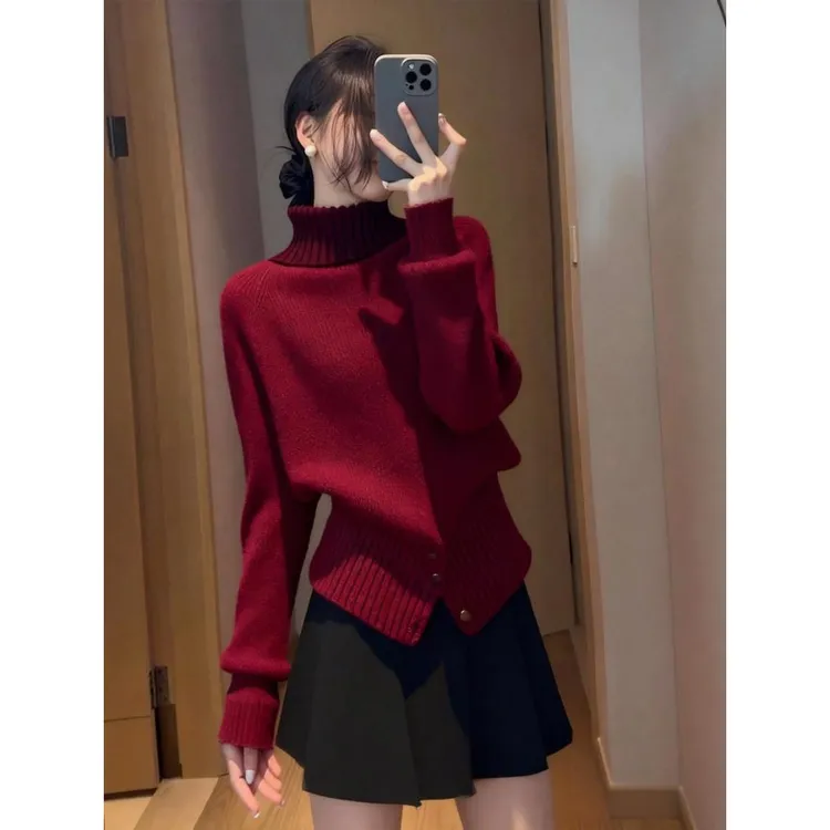 时尚轻熟风高领针织衫女2025秋冬新款设计感巨好看软糯套头毛衣女