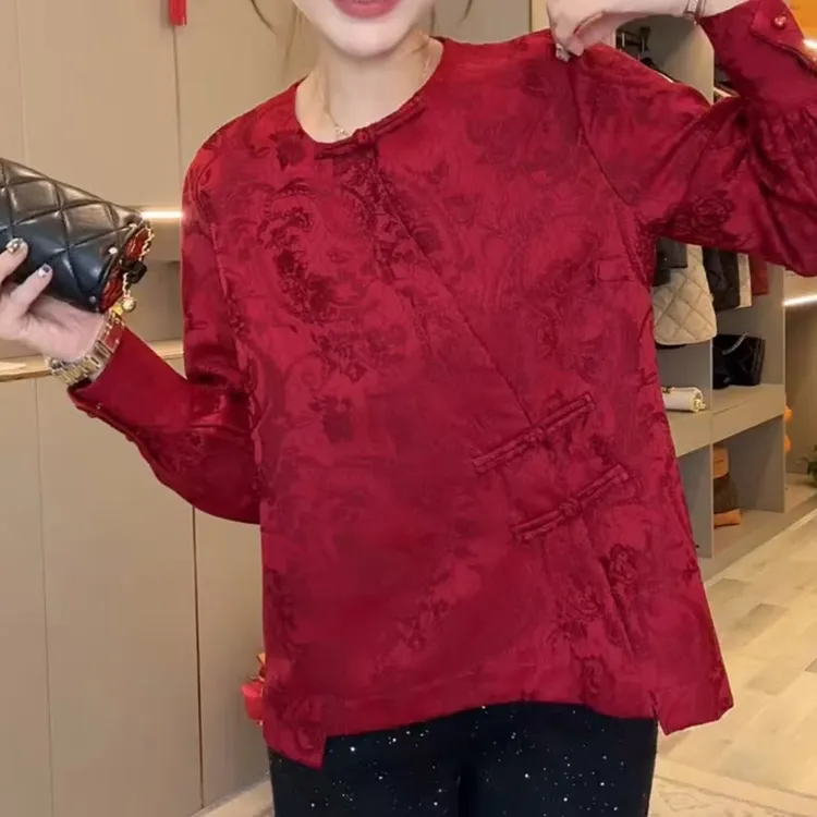 上衣网红国风红色小衫圆领提花衬衫长袖时尚百搭新中式女士复古