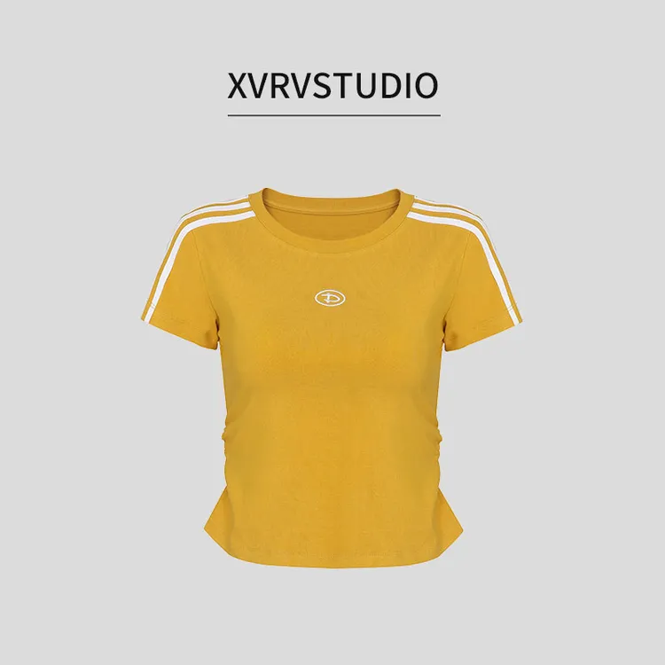 XVRV【夏上新】新款三条杠圆领套头修身短袖T恤女装设计感上衣女
