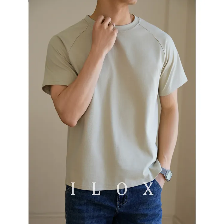 ILOX男装复古300G重磅纯棉短袖T恤男插肩夏季美式宽松休闲打底衫