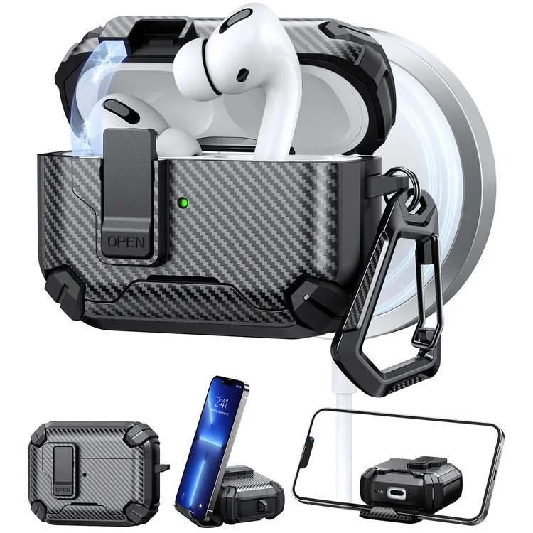 自动弹盖airpodspro3代耳机壳碳纤维纹airpods4代保护壳锁扣防丢