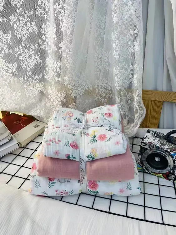 清-A类全棉100棉婴幼儿可用双层纱四件套四季款