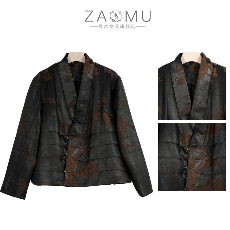 枣木冬款牡丹花新中式国风提花桑蚕丝女款棉服时尚休闲气质