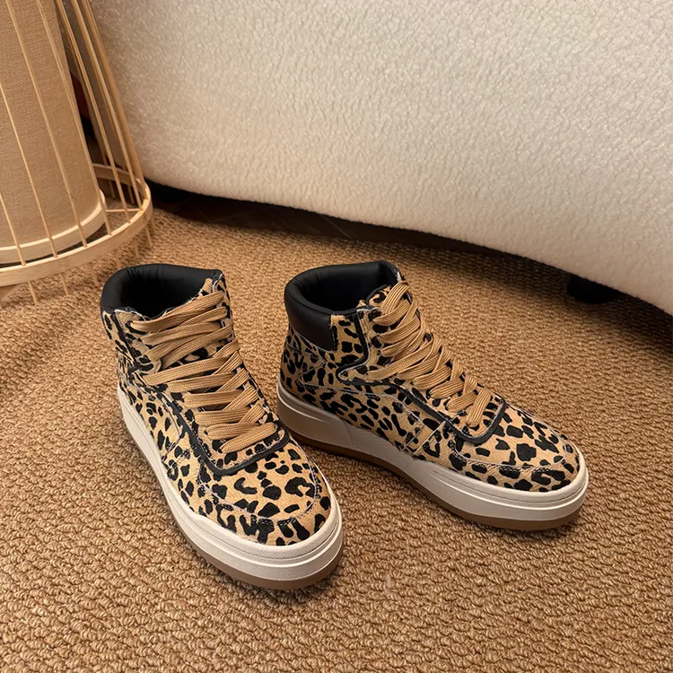 欧货真皮女鞋2025秋冬豹纹高帮鞋女厚底百搭休闲板鞋高级感增高鞋