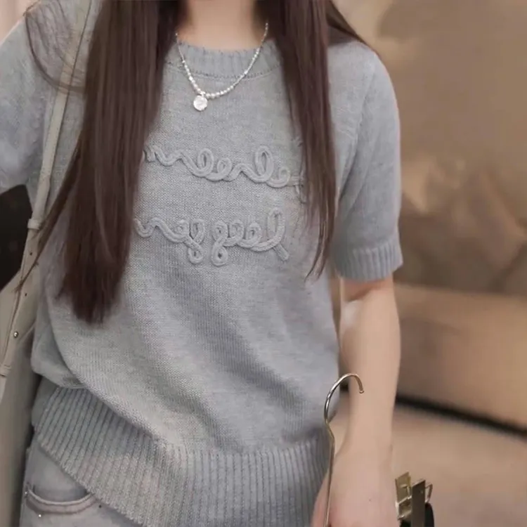 韩系别致慵懒风休闲圆领针织衫短袖t恤女夏季小个子修身短款上衣
