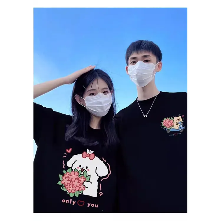 2-300加大码夏季情侣装短袖2025新款小众高级感落肩设计女装半袖