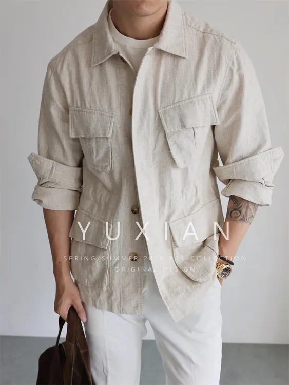 YUXIAN意式苎麻棉天然M42猎装夹克休闲商务老钱外套翻领男士秋冬