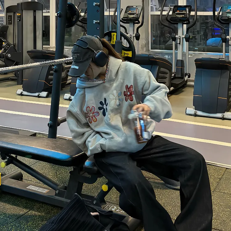 EU/EUSOUEU小花朵撞色贝壳刺绣连帽卫衣男款秋季潮牌情侣帽衫外套