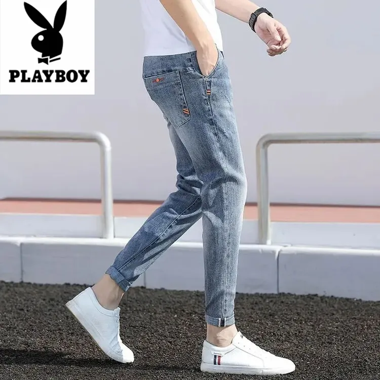 花花公子九分牛仔裤男士秋季新款修身小脚裤破洞潮流百搭直筒裤