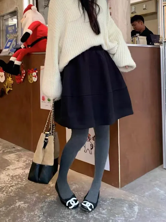 梨形身材灰色毛呢花苞裙女miu系遮胯半身裙大码显瘦蓬蓬伞裙短裙