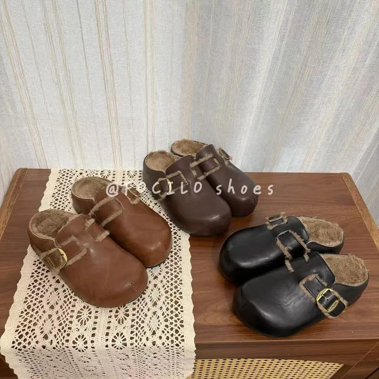 厚底毛毛勃肯鞋女加绒豆豆鞋2025新款冬季女鞋子一脚蹬懒人棉拖鞋