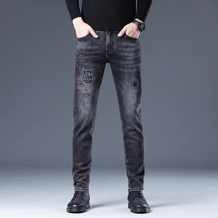 Cebrodz高端潮牌刺绣印花牛仔裤男士春秋季修身小脚弹力裤子欧货