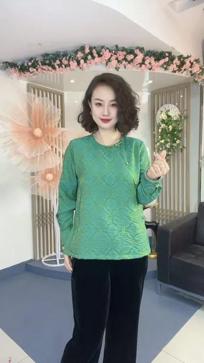 新中式国风复古提花盘扣设计感褶皱圆领气质感长袖S衬衫2021