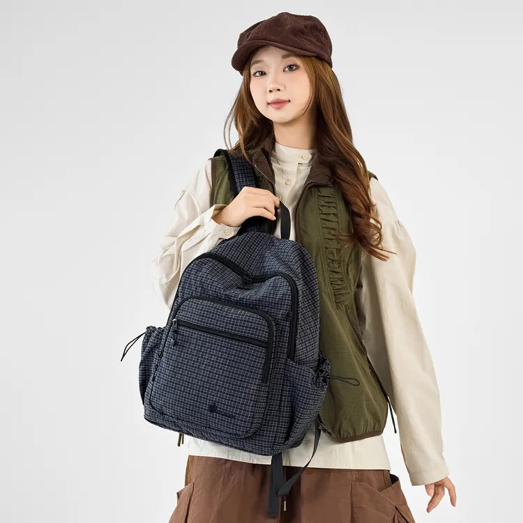 新款女士包包复古格子双肩包小众休闲女时尚百搭大容量户外女背包