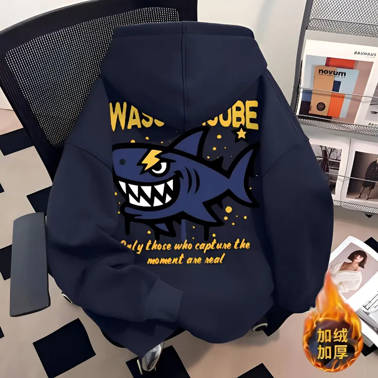 美式卡通鲨鱼表情印花卫衣ins黑色男女秋冬宽松休闲情侣连帽外套