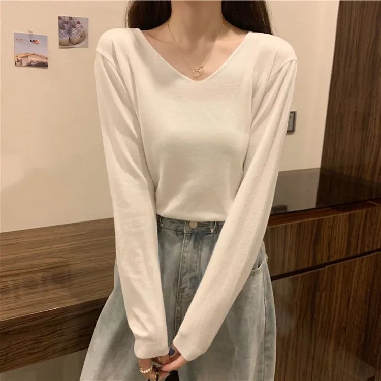 【大码】4088洋气毛衣打底上衣宽松女年春秋季v领长袖中袖针织衫