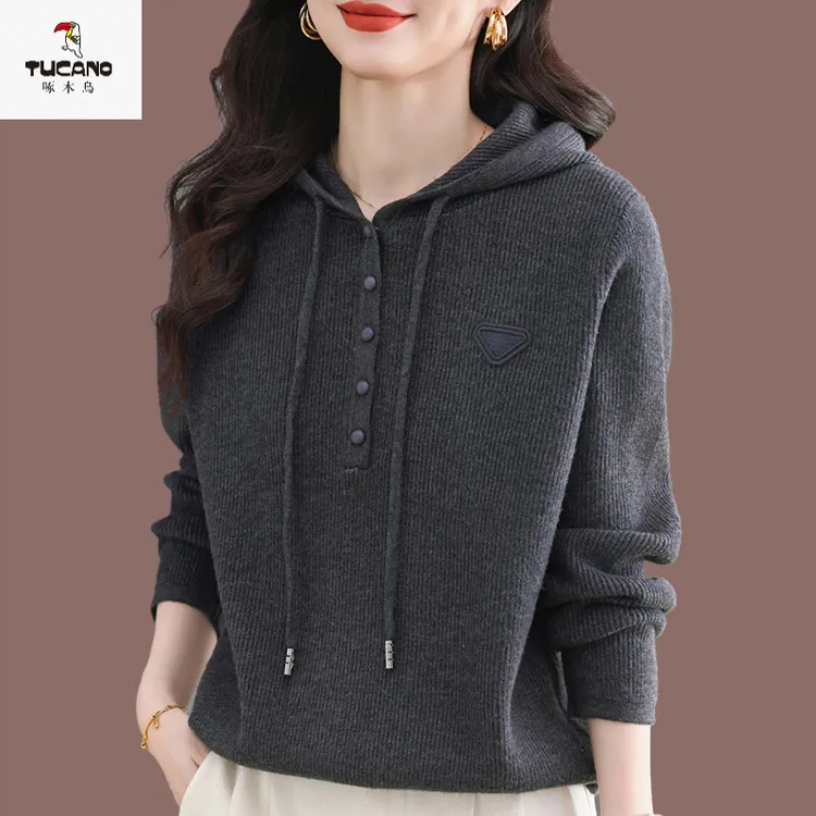 啄木鸟连帽毛衣女短款2025新款秋冬季宽松针织衫卫衣洋气减龄毛衣