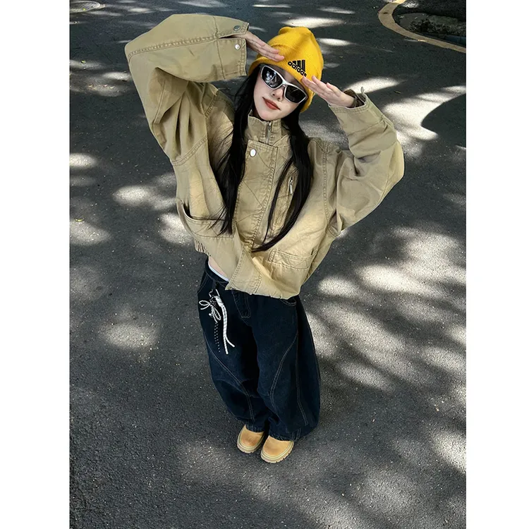 卡其色巴恩风工装外套男秋季boxy美式复古bomber帆布短款立领夹克