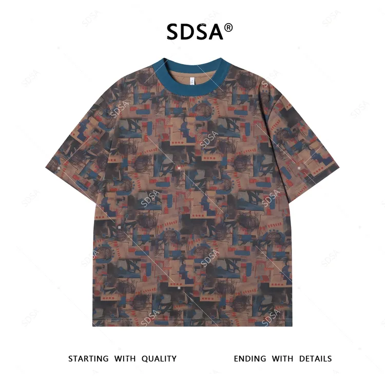 夏季高级感新款男士美式多彩拼接T恤上衣复古情侣撞色圆领上衣