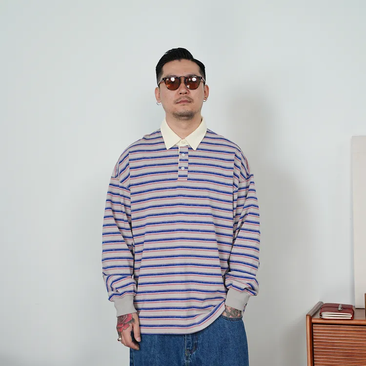25FW日系休闲复古条纹Polo衫秋季简约翻领套头宽松长袖T恤百搭