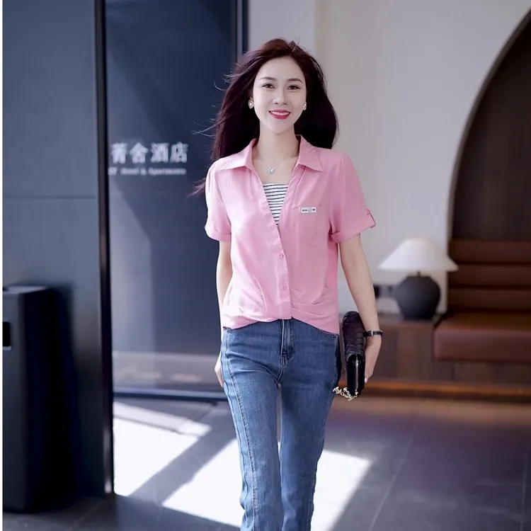 夏季短袖假两件衬衫女2025新款时尚洋气质遮肚子显瘦衬衣小衫上衣