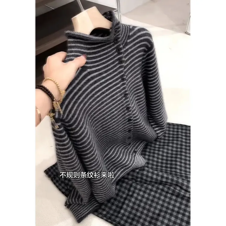 100%正品撤柜羊毛衫高领条纹针织开衫秋冬新款宽松毛衣外套上衣