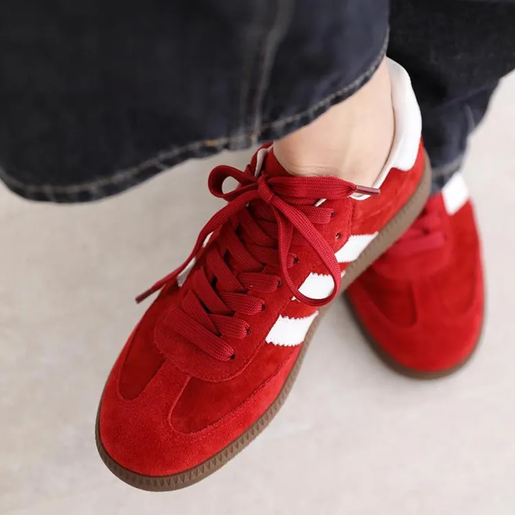 红色真皮德训鞋女2025新款秋冬季百搭复古板鞋厚底爆款休闲运动鞋