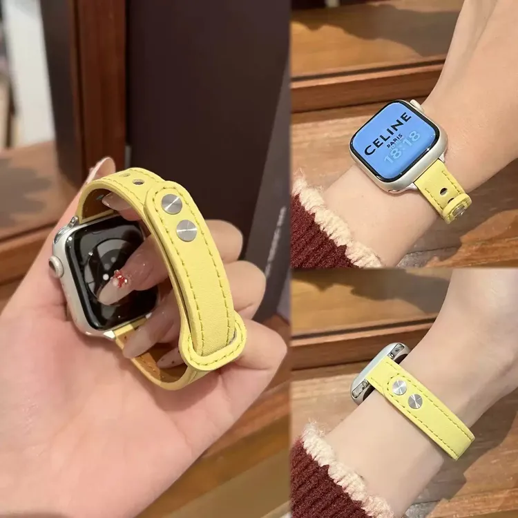 新款奶黄双钉扣皮质表带适用苹果S11iwatch10华为FIT3小米9ro气质