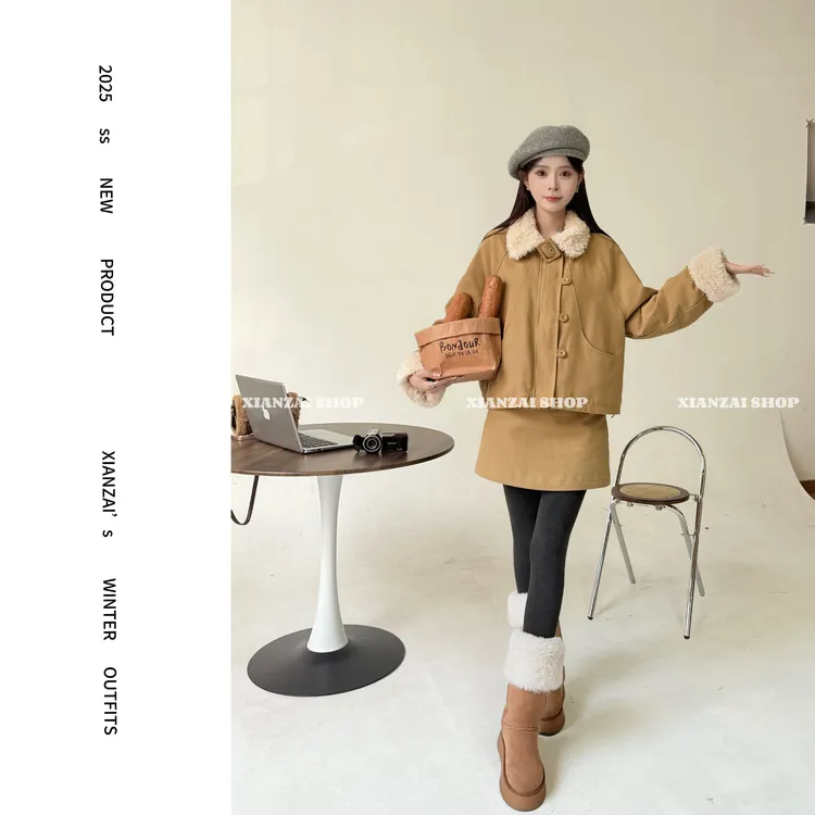XIANZAI【抹茶奶昔】冬季新款工装翻领加厚羽绒服外套短裙两件套装