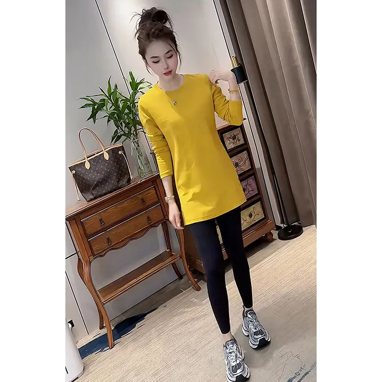 韩版纯色中长款贴布绣圆领长袖T恤秋冬新款休闲显瘦百搭打底衫ins